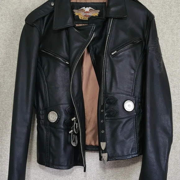 Vintage Harley-Davidson Women’s Black Leather Jacket Embossed Rose Concho - Picture 3 of 13